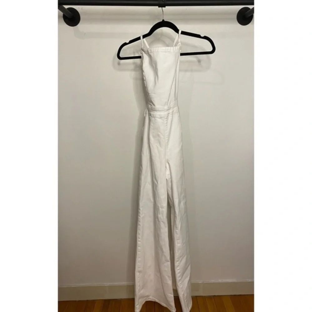 Good American Vacay Lace-Up Stretch Denim Jumpsuit in White001_5